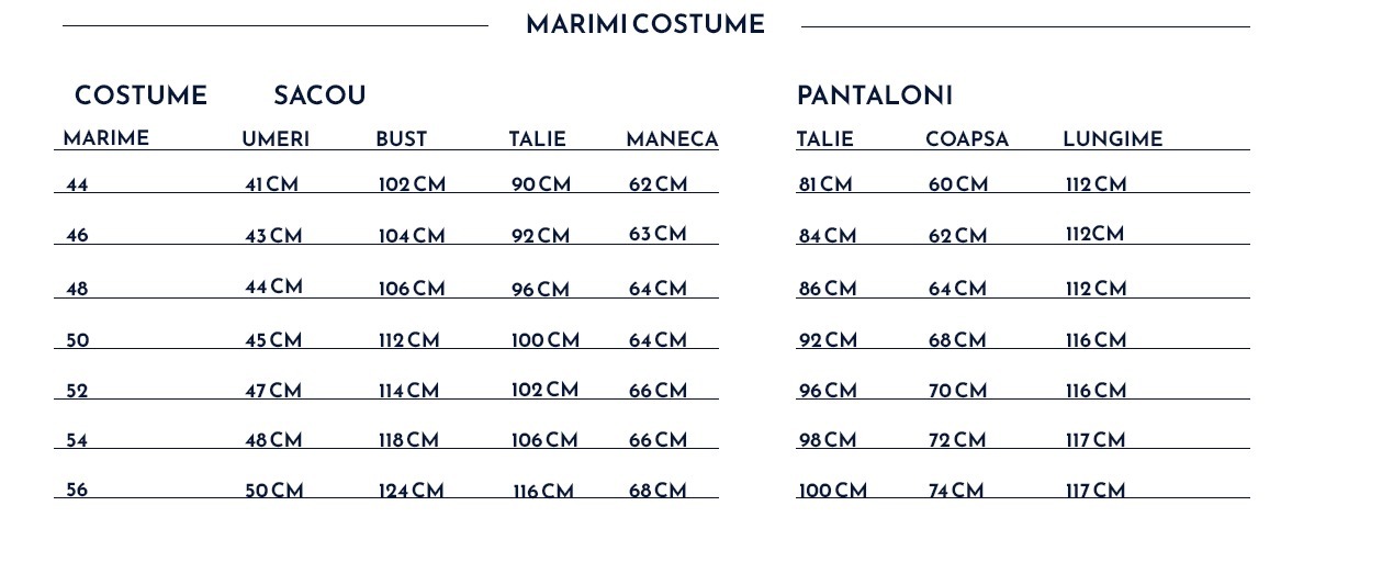 Ghid de mărimi -  Costume